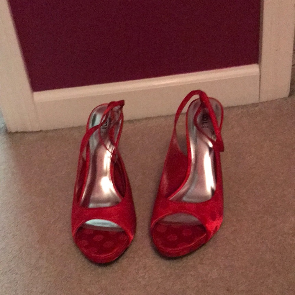 Cherry red polka dotted  4.5” heels